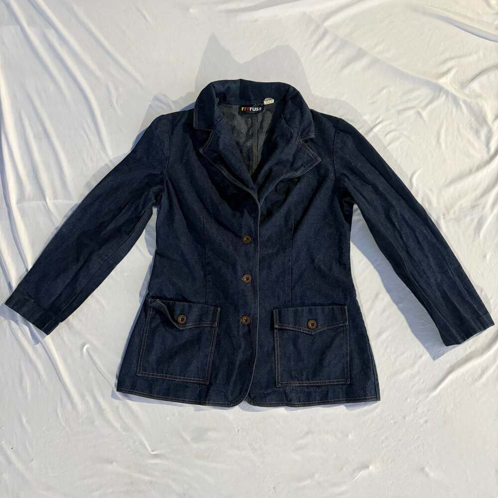 VTG 70s Russ Togs Denim Safari Blazer Jacket Womens S/M Dark Wash Utility